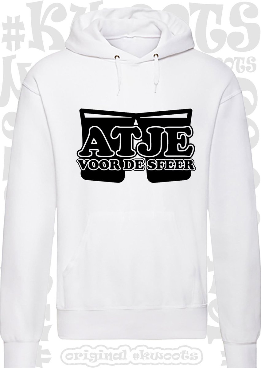 ATJE VOOR DE SFEER heren hoodie - Wit - Maat L - lange mouwen - Met capuchon en steekzakken - grappige teksten - leuke truien | sweaters - humor - quotes - kwoots - kado - cadeau - Sfeermaker - Gezelligheid kent geen tijd